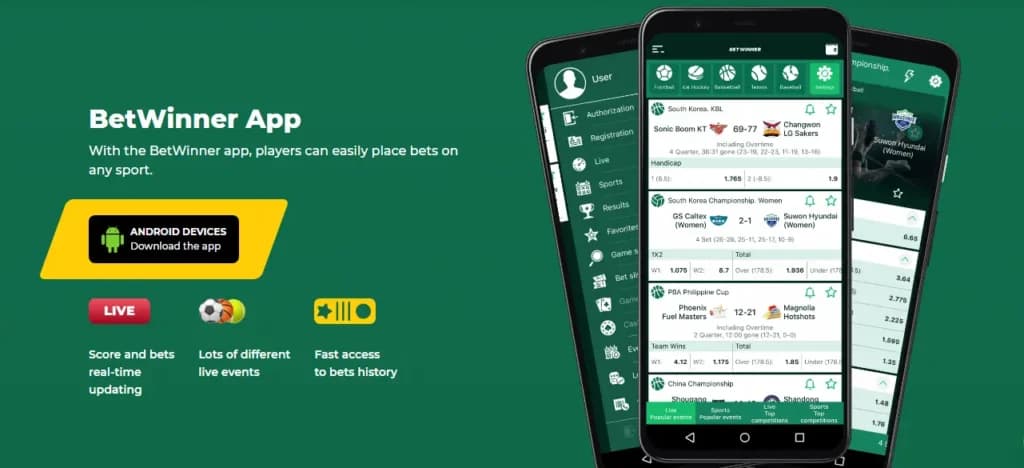 App BetWinner Argentina para Android — interfaz principal con apuestas y casino